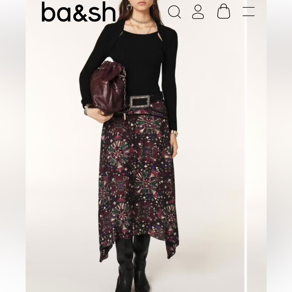 ba&sh Asymmetrical Skirt in Black and Purple Print